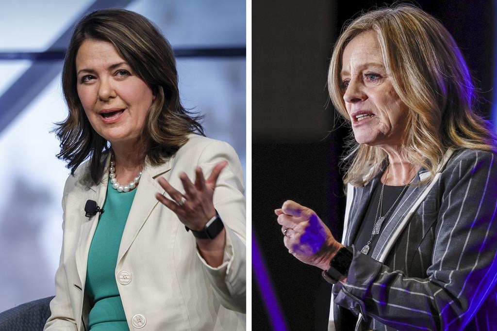 This compilation photo shows Premier Danielle Smith (left) as she speaks at an economic forum in Calgary, Tuesday, April 18, 2023 and NDP Opposition Leader Rachel Notley as she addresses the Calgary Chamber of Commerce on Thursday, Dec. 15, 2022.