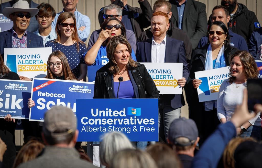 United Conservative Party leader Danielle Smith, centre, speaks at a campaign launch rally in Calgary on Saturday, April 29, 2023.