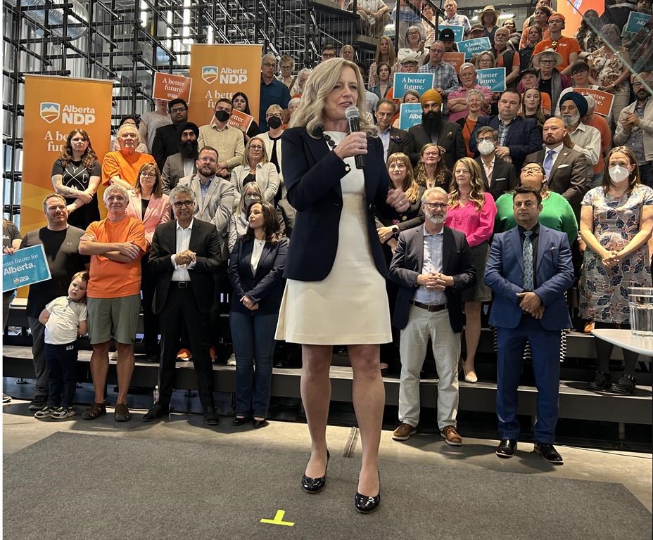 Alberta NDP Leader Rachel Notley addresses supporters as she kicks off her campaign for the provincial election in Calgary, Monday, May 1, 2023. Notley says her government would expand the hours of medical clinics as part of an overall plan to improve health care in the province.