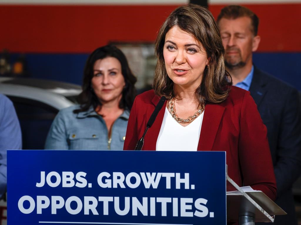 Danielle Smith makes an election campaign announcement in Calgary, Thursday, May 4, 2023.