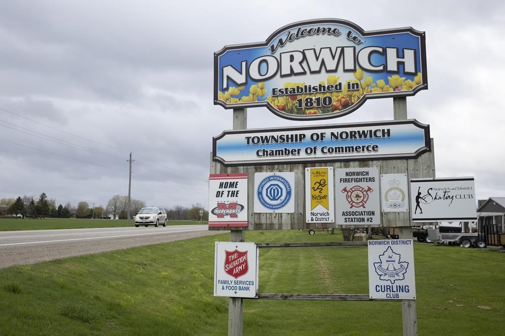 A welcome sign is shown in Norwich, Ont., on Wednesday, May 3, 2023. The southern Ontario township voted last month to prohibit Pride flags on municipal property. THE CANADIAN PRESS/Nicole Osborne