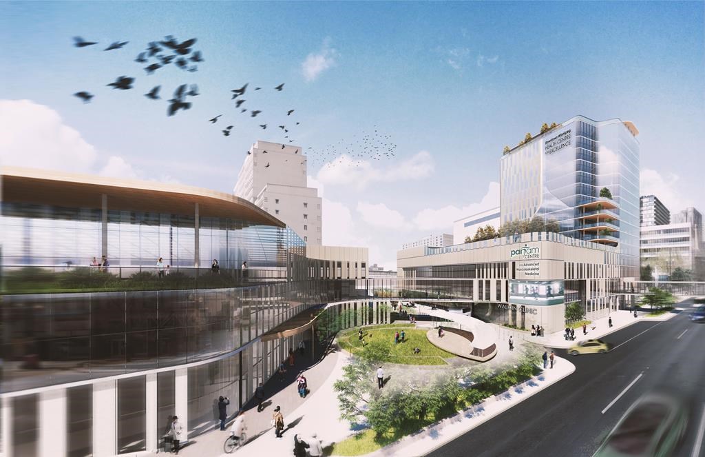 A drawing of a planned revitalization of the Portage Place shopping centre in downtown Winnipeg is shown in this slide provided by True North Real Estate Development on Friday, May 12, 2023. The company plans to buy the current mall and convert it into a complex that would include health care services, housing, culture and entertainment programming, and a limited number of retail stores. THE CANADIAN PRESS/HO-True North Real Estate Development 
**MANDATORY CREDIT**.