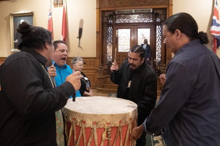 Ojibways drummers of Garden River First Nation are shown at the entrance of Ontario Legislature, as they bring their historical land claim, an 1850 Treaty Promise, to Queen’s Park in Toronto on Thursday May 18, 2023.