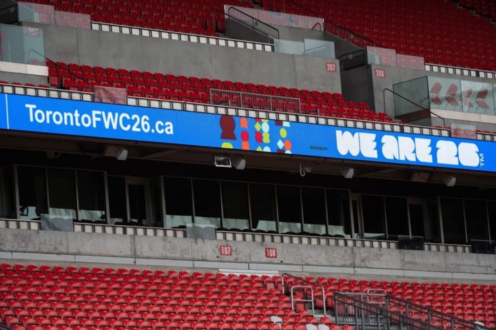 Signage for the official brand and new #WeAre26 awareness campaign, as part of Host City for FIFA World Cup 2026, photographed at BMO Field in Toronto, on Thursday, May 18, 2023.