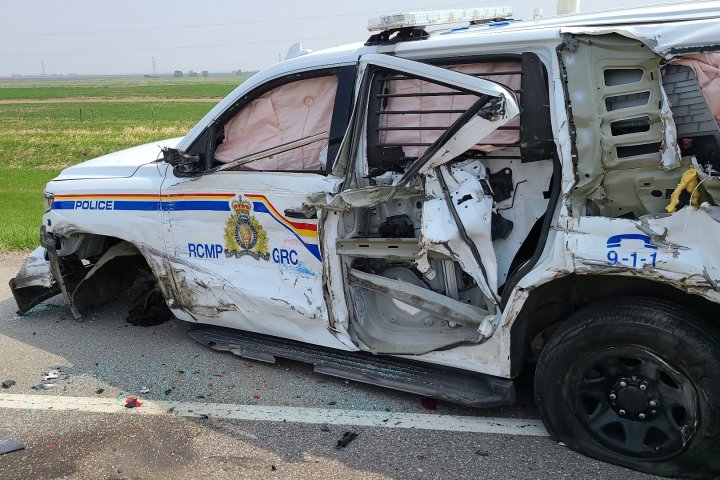 Semi slams into RCMP unit during highway traffic stop in southern Alta., officer relatively unscathed