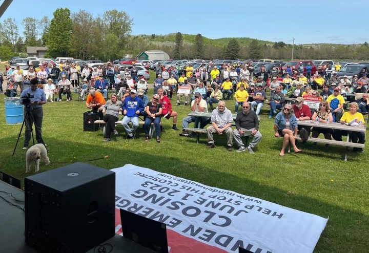 People attend a rally against the planned closure of an emergency department in the central Ontario community of Minden, on Sunday, May 21, 2023. Residents opposing the move are hoping to take their battle to court.