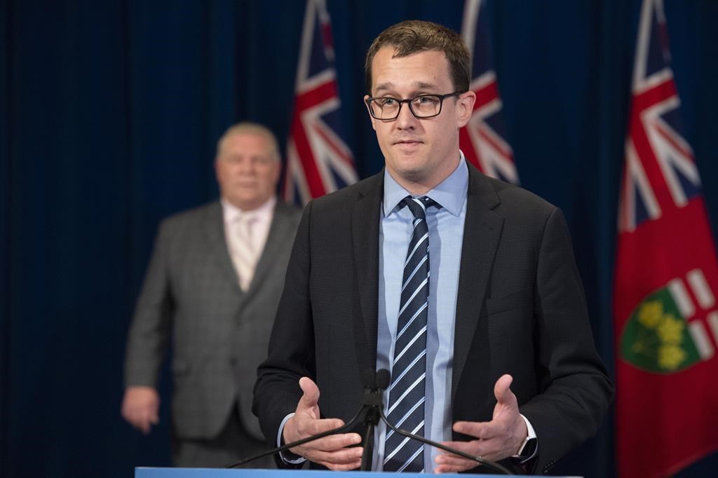 Ontario Labour Minister Monte McNaughton says Professional Engineers Ontario's move to drop the requirement of Canadian experience from its application criteria as of last week will be a "game changer" for qualified immigrant engineers. McNaughton answers questions at the daily briefing at Queen's Park in Toronto on Wednesday, April 8, 2020. THE CANADIAN PRESS/Frank Gunn.