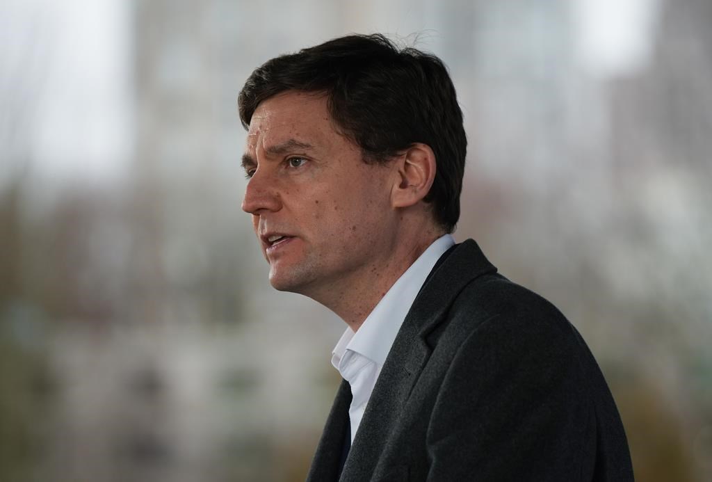 B.C. Premier David Eby speaks during a news conference in Vancouver on Feb. 5, 2023.