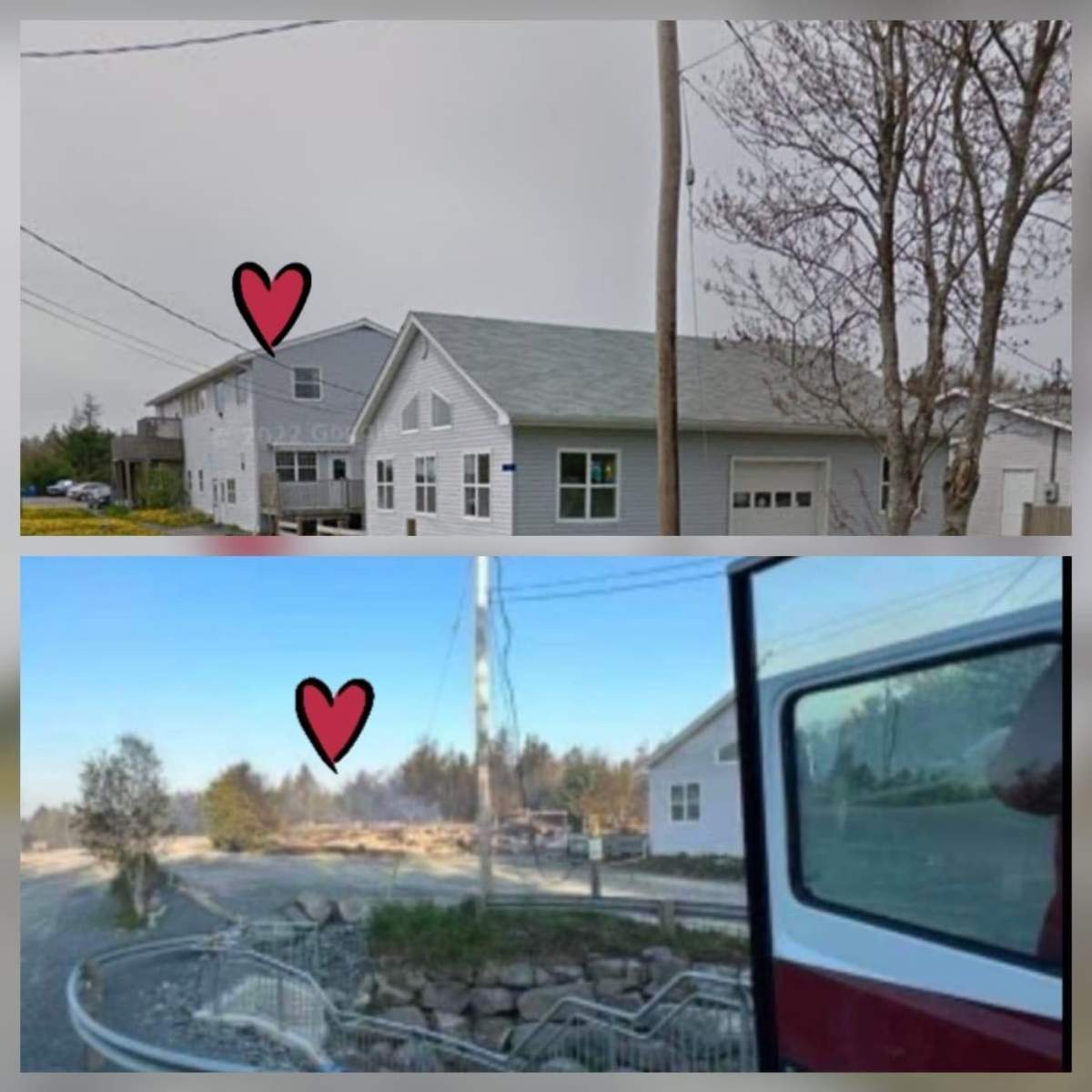 A photo showing the daycare before and after the wildfire swept through the subdivision in Hammonds Plains.