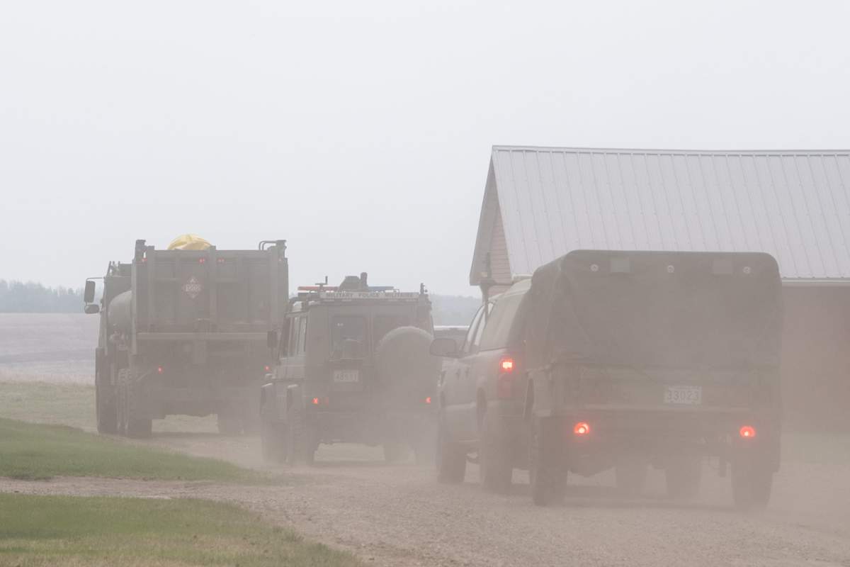 Members of the 3rd Battalion, Princess Patricia’s Canadian Light Infantry arrive aboard a CC-130J Hercules in Grande Prairie, Alberta, in support of Operation LENTUS 23-01 on May 5, 2023. Operation LENTUS is the Canadian Armed Forces (CAF) response to natural disasters in Canada.