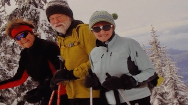 Alan (C), Carole (R) and friend on a skiing trip