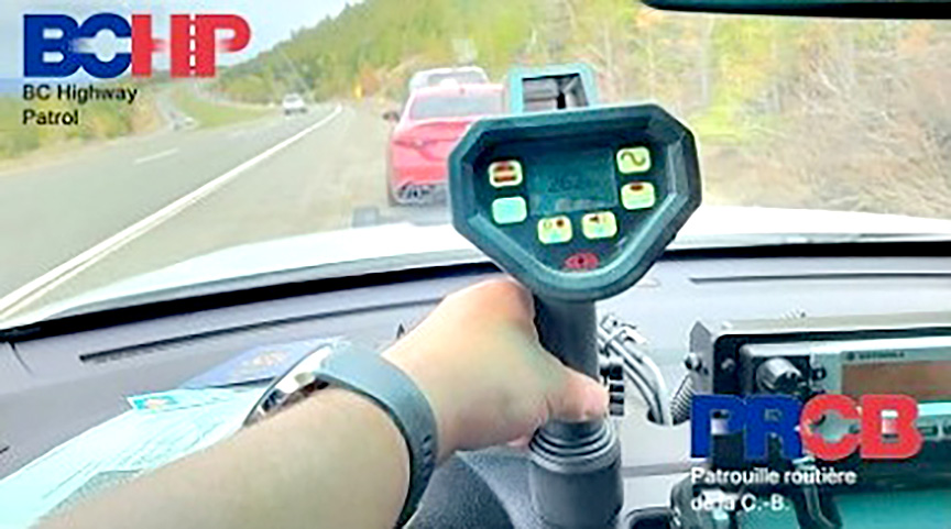 A photo from B.C. Highway Patrol showing a red Alfa Romeo pulled over and the speed it was allegedly doing south of Merritt on Sunday afternoon.