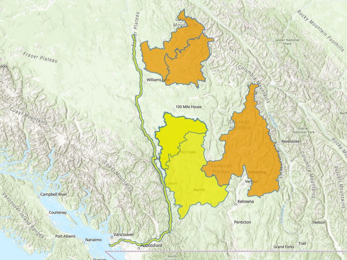 A map showing flood watches (in orange) and high streamflow advisories in B.C.’s Interior on Wednesday, May 24, 2023.