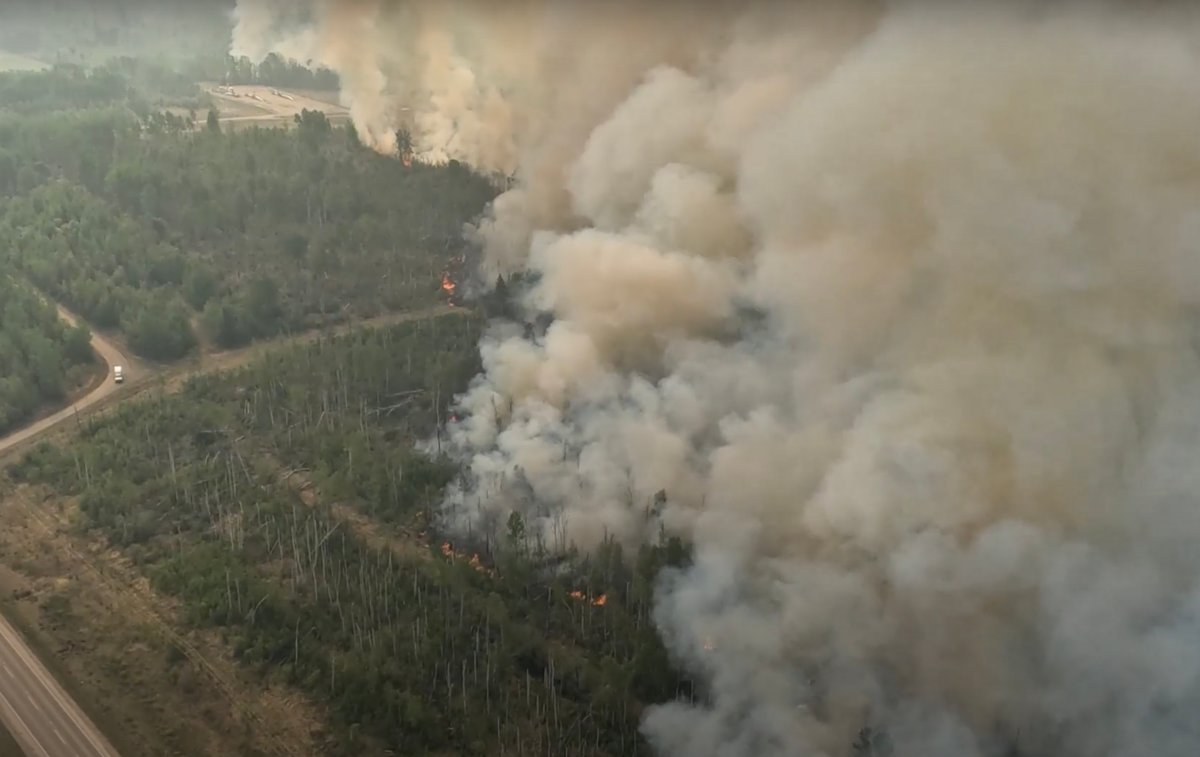 The Stoddart Creek wildfire burns in British Columbia in this May 17, 2023, photo taken from video.