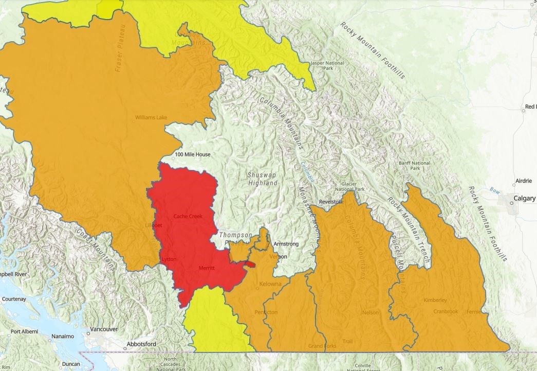 A map showing flood advisories (in yellow), flood watches (orange) and a flood warning (red) for B.C. on Wednesday, May 3, 2023.