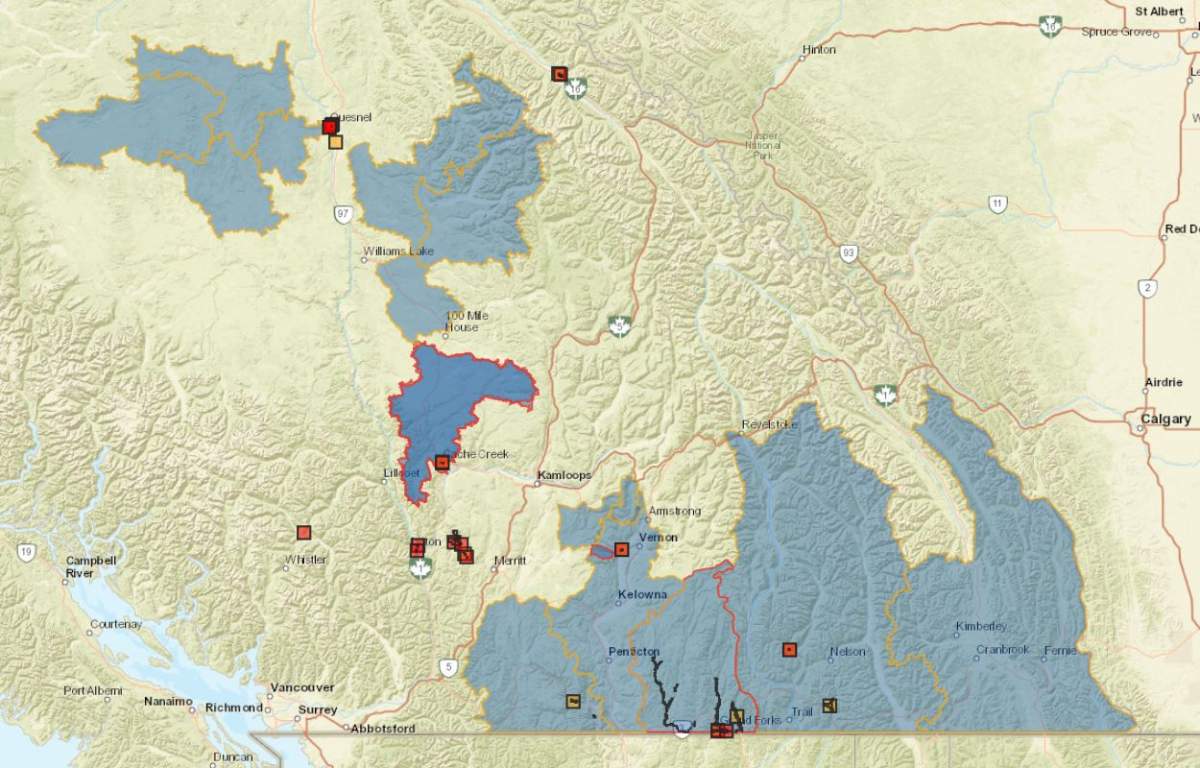 A map showing flood watches and warnings throughout B.C.’s Interior on Saturday, May 6, 2023, along with evacuation alerts and orders.