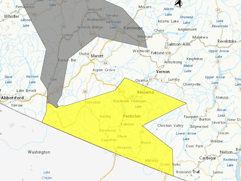 A map showing the areas under a severe thunderstorm watch (yellow) and a special weather statement for hot weather (grey).