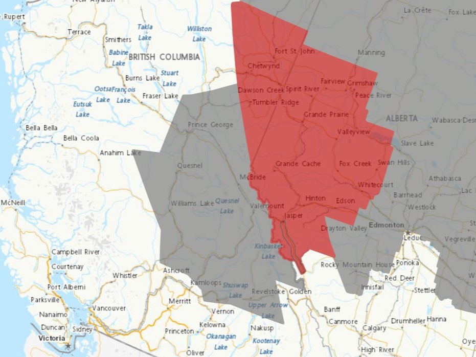 A map showing a weather alert for heavy rain (in grey) in British Columbia. The area in red is for a rainfall warning, where 50 to 75 mm is expected.