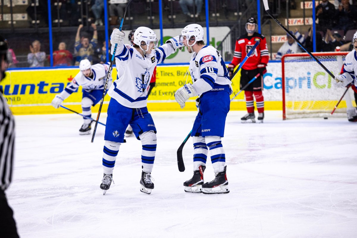 The Penticton Vees celebrate a goal during Game 1 of the BCHL championship series at the South Okanagan Events Centre in Penticton, B.C., on Friday, May 12, 2023.