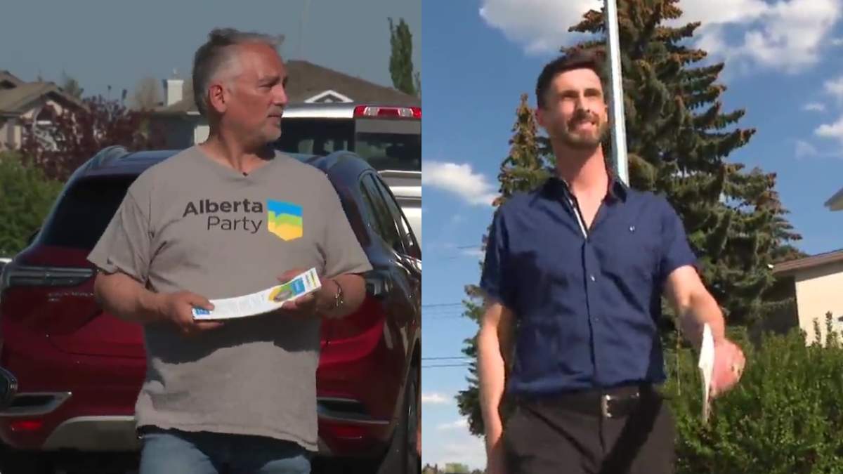 Alberta Party Leader Barry Morishita and Green Party of Alberta Leader Jordan Wilkie campaigning in May 2023.