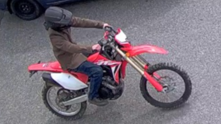 Police are seeking a man who rode a dirt bike near Brant’s Crossing Riverfront Park on May 7, 2023 allegedly threatening a passerby on a bicycle.