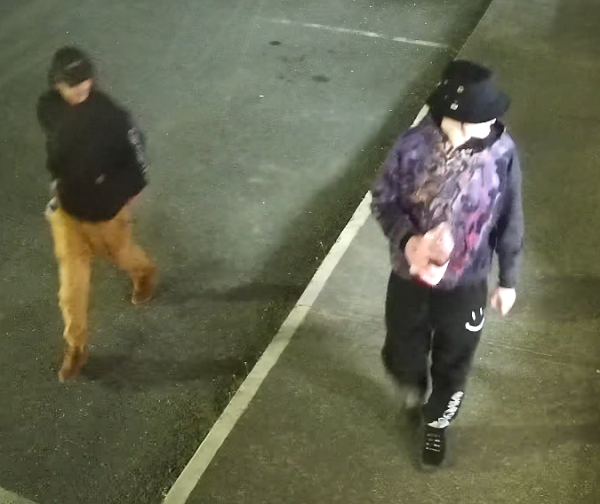 CCTV footage shows two suspects with what appears to be a yellow jerry can in the area of the burl late Wednesday night.