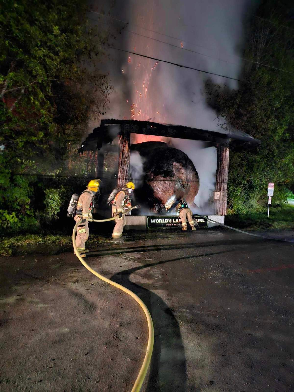 The burl was badly damaged in the fire that police believe was set deliberately.