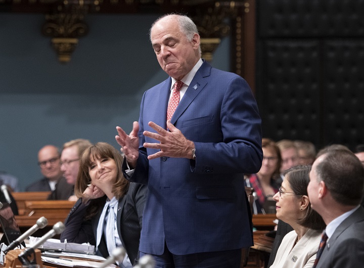 Quebec Energy Minister Pierre Fitzgibbon reacts while answering a question on ethics, during question period, Wednesday, June 8, 2022 at the legislature in Quebec City. 