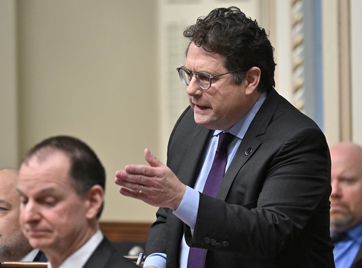 Quebec Education Minister Bernard Drainville responds to the Opposition during question period at the legislature in Quebec City, Wednesday, March 29, 2023. Drainville says it will soon be forbidden to have prayer rooms in the province's public schools. 