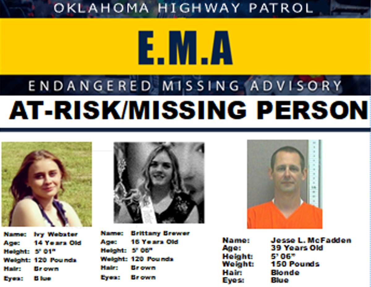 This missing poster provided by the Oklahoma Highway Patrol shows 14-year-old Ivy Webster, left, 16-year-old Brittany Brewer, center, and Jesse McFadden, who were reported missing Monday, May 1, 2023.