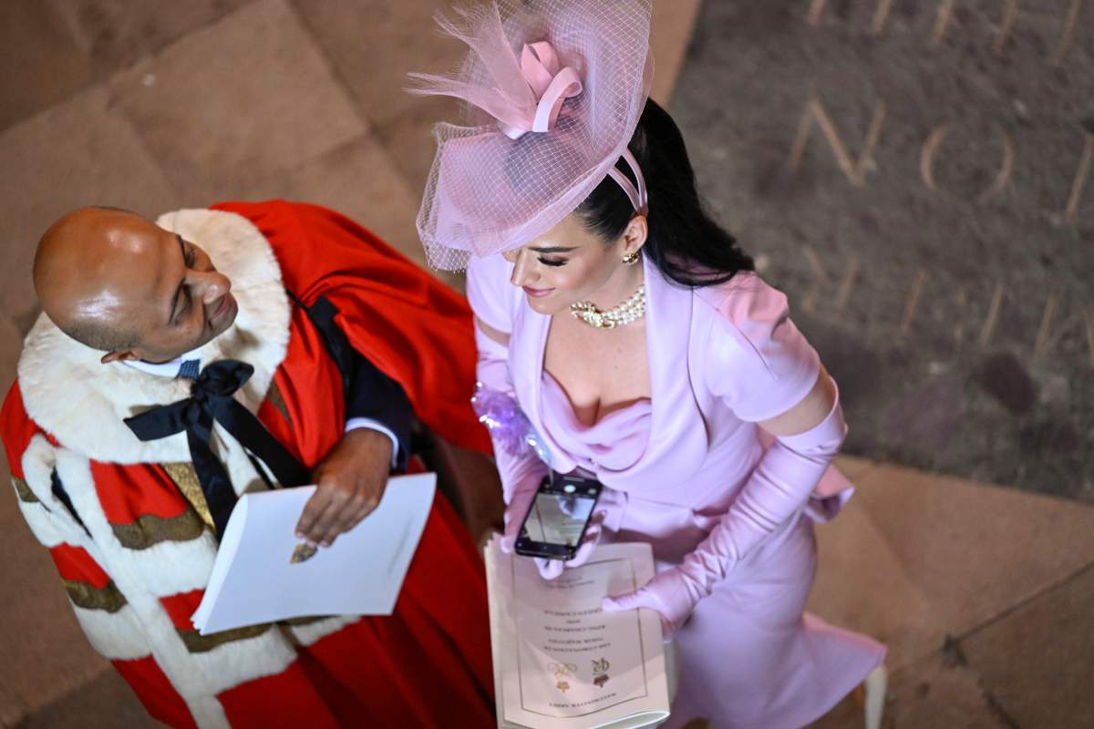 Katy Perry leaves Westminster Abbey after the coronation of King Charles III in London, Saturday, May 6, 2023. (Gareth Cattermole/Pool Photo via AP)