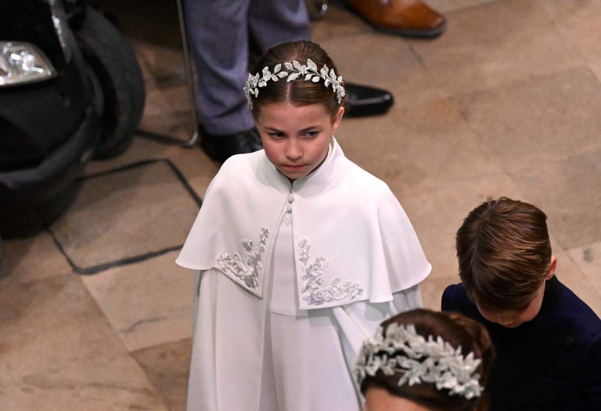 Britain’s Princess Charlotte and Prince Louis leave Westminster Abbey after the coronation of King Charles III in London, Saturday, May 6, 2023. (Gareth Cattermole/Pool Photo via AP)