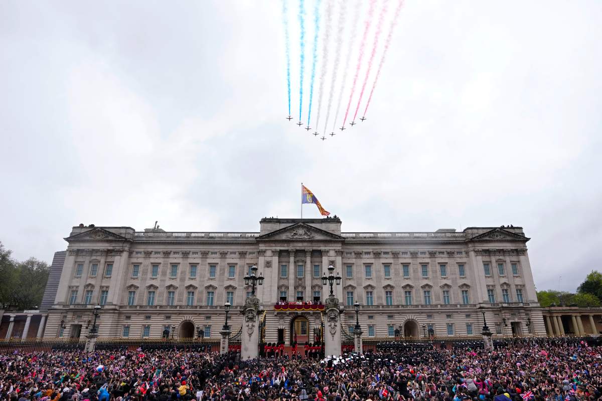 British military aircraft preform a flyby over Buckingham Palace.