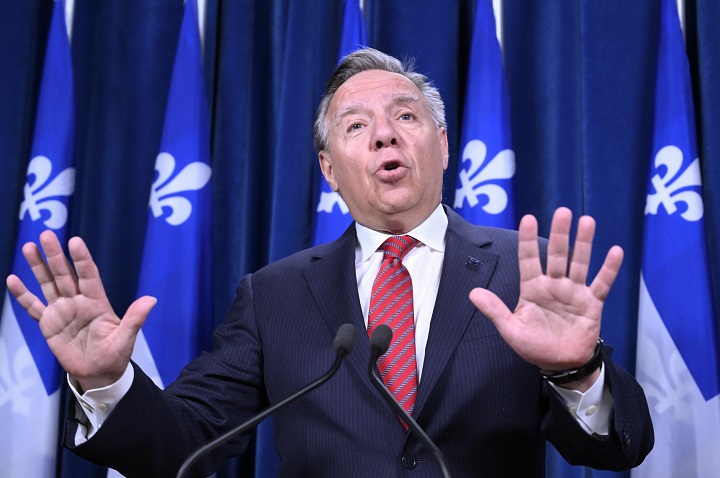 Quebec Premier François Legault responds to reporters questions at a news conference before question period, at the legislature in Quebec City, Tuesday, May 9, 2023. 
