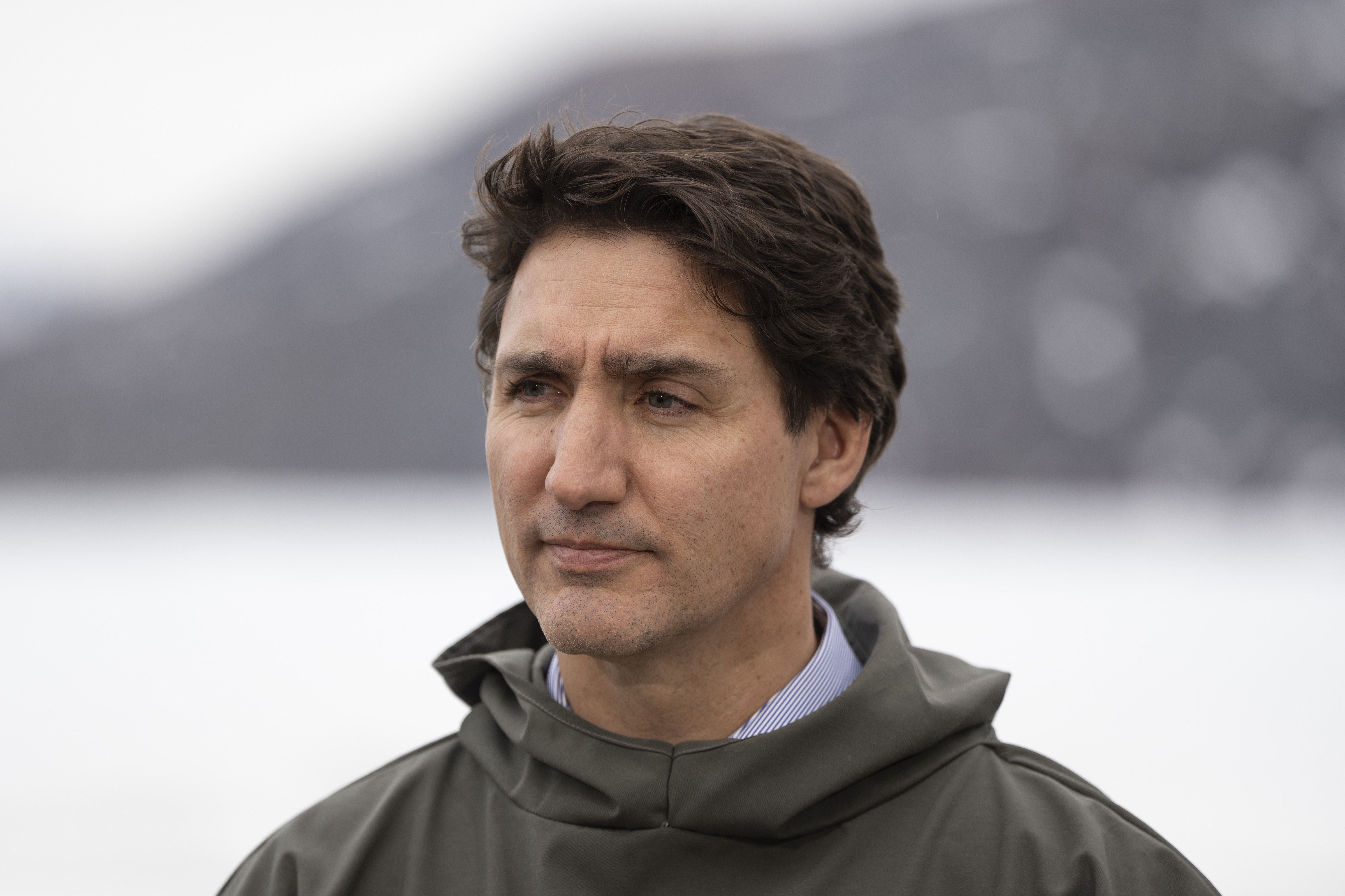 Prime Minister Justin Trudeau listens to questions from reporters following a meeting of the Inuit-Crown Partnership Committee (ICPC) in Nain, N.L. on Friday, May 12, 2023.