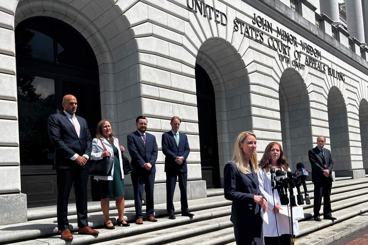 Erin Hawley, lead attorney for Alliance Defending Freedom, takes questions from the media following a 5th Circuit Court of Appeals hearing in New Orleans, Wednesday, May 17, 2023 . Three 5th U.S. Circuit Court of Appeals judges heard two hours of arguments in the case Wednesday afternoon. At issue are the Food and Drug Administration’s initial approval of mifepristone in 2000, and FDA actions making the drug more accessible in later years. The judges won’t rule immediately. (AP Photo/Stephen Smith)