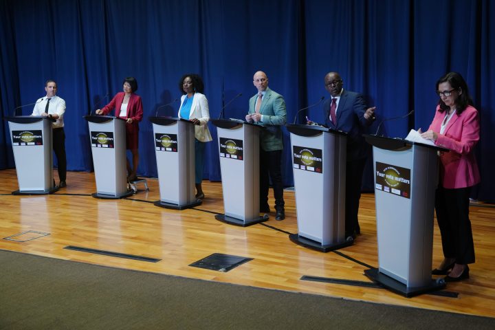 Toronto mayoral candidates Josh Matlow, left to right, Olivia Chow, Mitzi Hunter, Brad Bradford, Mark Saunders and Ana Bailao  take the stage at a mayoral debate in Scarborough, Ont. on Wednesday, May 24, 2023.