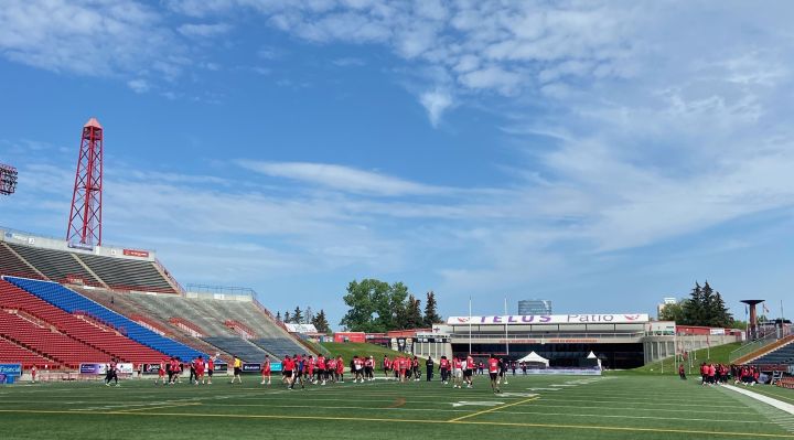 The Calgary Stampeders practise at McMahon Stadium on May 22, 2023.