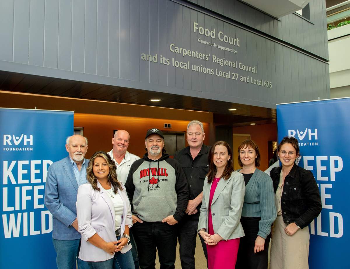 Al Gilchrist (left), Innisfil South Simcoe Cabinet Chair; Mary-Anne Frith, Campaign Cabinet Co-Chair; Scott Broome, Business Representative Drywall Acoustic Lathing & Insulation Local 675; Robert Richards, Business Representative Drywall Acoustic Lathing & Insulation Local 675; Kevin Harrigan, Warden Carpenter's & Allied Workers Local 27; Gail Hunt, RVH President & CEO; Wendy Barner, Director Capital Planning and Facilities; Katelyn Dewar, Manager Donor Advising, gather in the RVH Food Court to celebrate their million dollar gift to support the Keep Life Wild campaign, and future health care in Simcoe Muskoka.