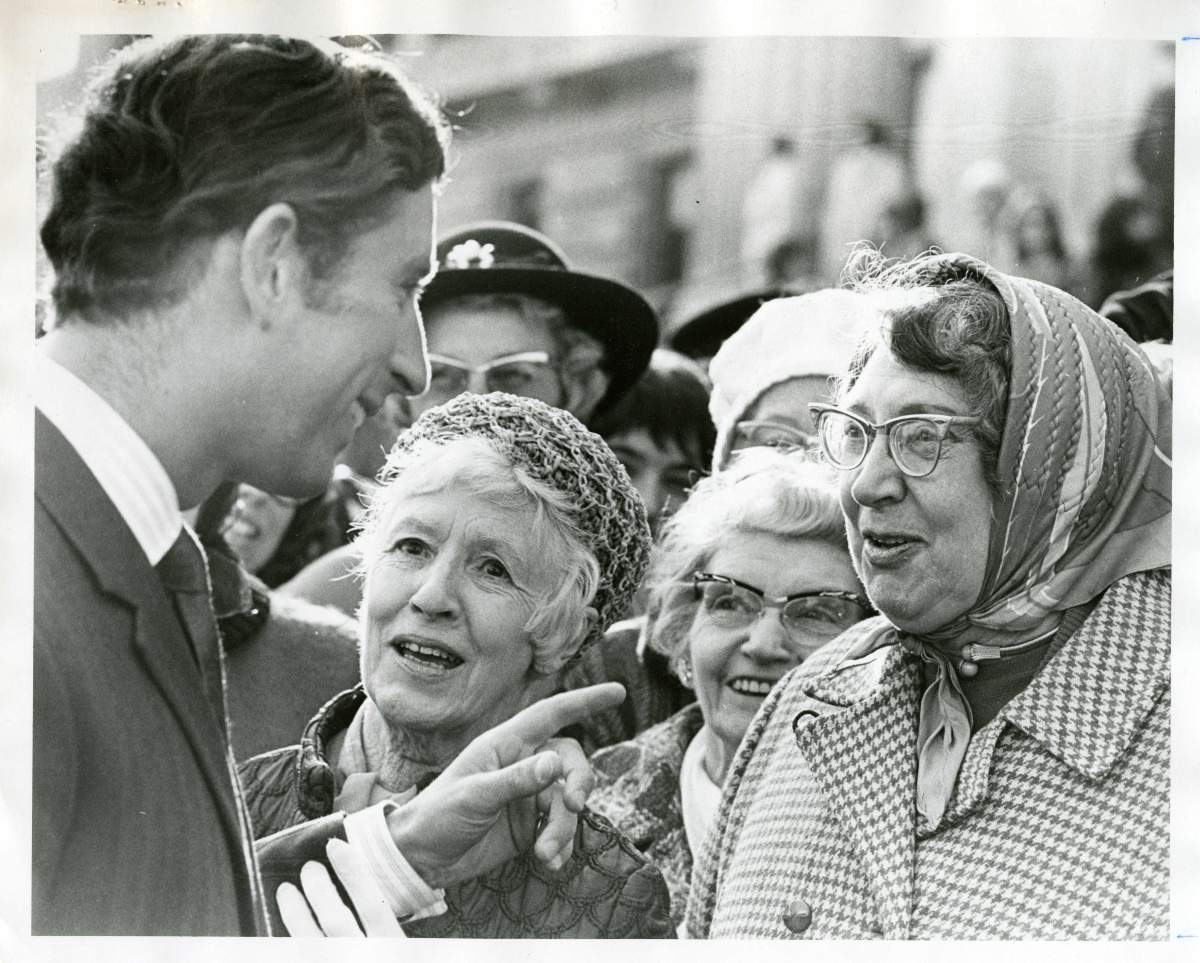 Prince Charles greeting the crowd outside the Manitoba Legislative building in the 1970s. Courtesy / University of Manitoba Archives & Special Collections
