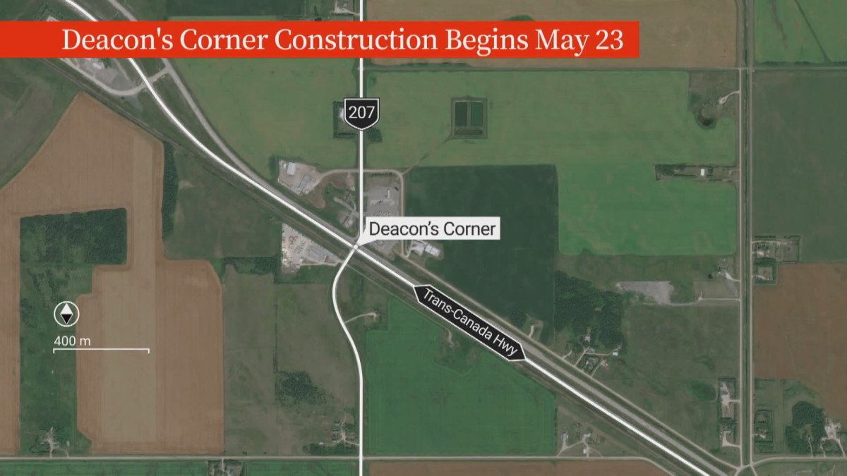 a map indicating an intersection southeast of Winnipeg called Deacon's corner