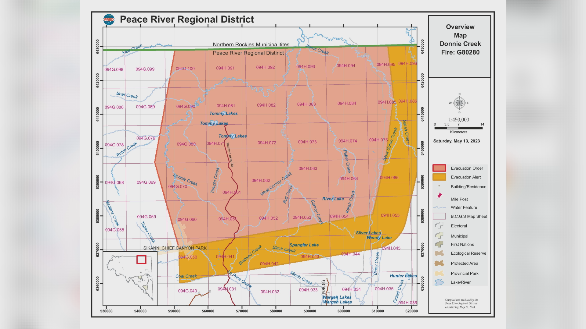 A map shows the area covered by an evacuation order issued by the Peace River Regional District May 13, 2023