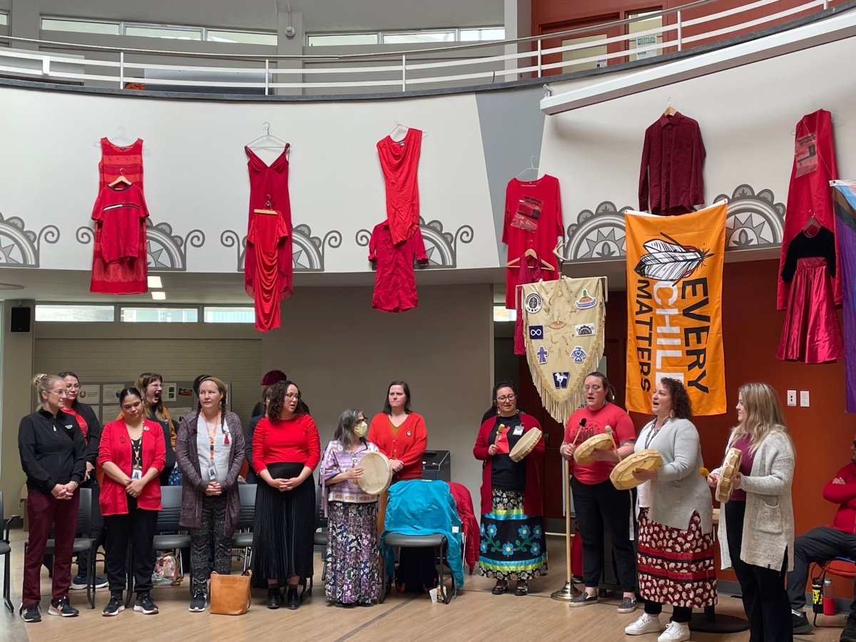 Indigenous womens and allies sing the strong women song at Wampum Learning Lodge on Western University’s campus for the National Day of Awareness for Missing and Murdered Indigenous Women, Girls and Two-Spirit People on May 5, 2023.