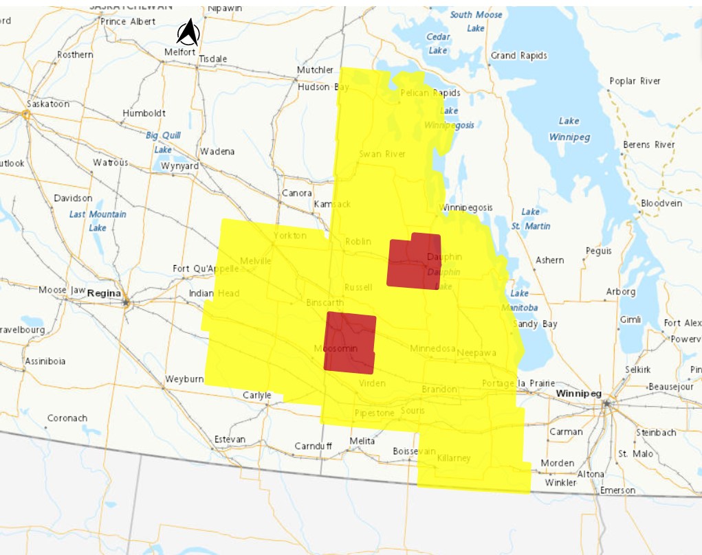 Environment Canada has issued a tornado warning for the RM of Ellice-Archie, Man. and surrounding areas including St-Lazare McAuley and Manson.
