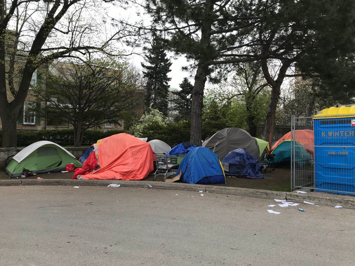 Photo of an encampment at city hall in Hamilton, Ont.
