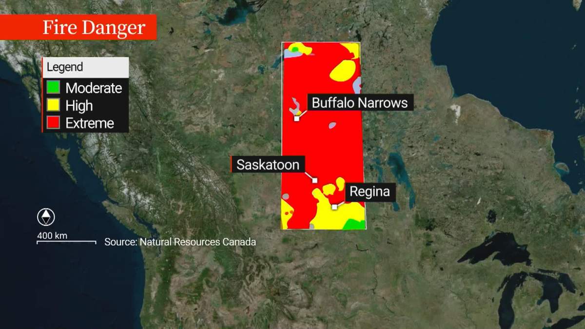 Natural Resources Canada shows most of Saskatchewan is under extreme risk of wildfire.