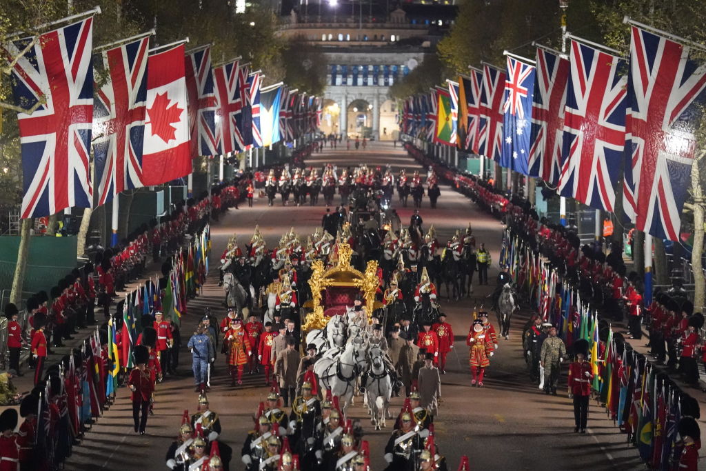A night time rehearsal in central London for the coronation of King Charles III, which will take place this weekend.