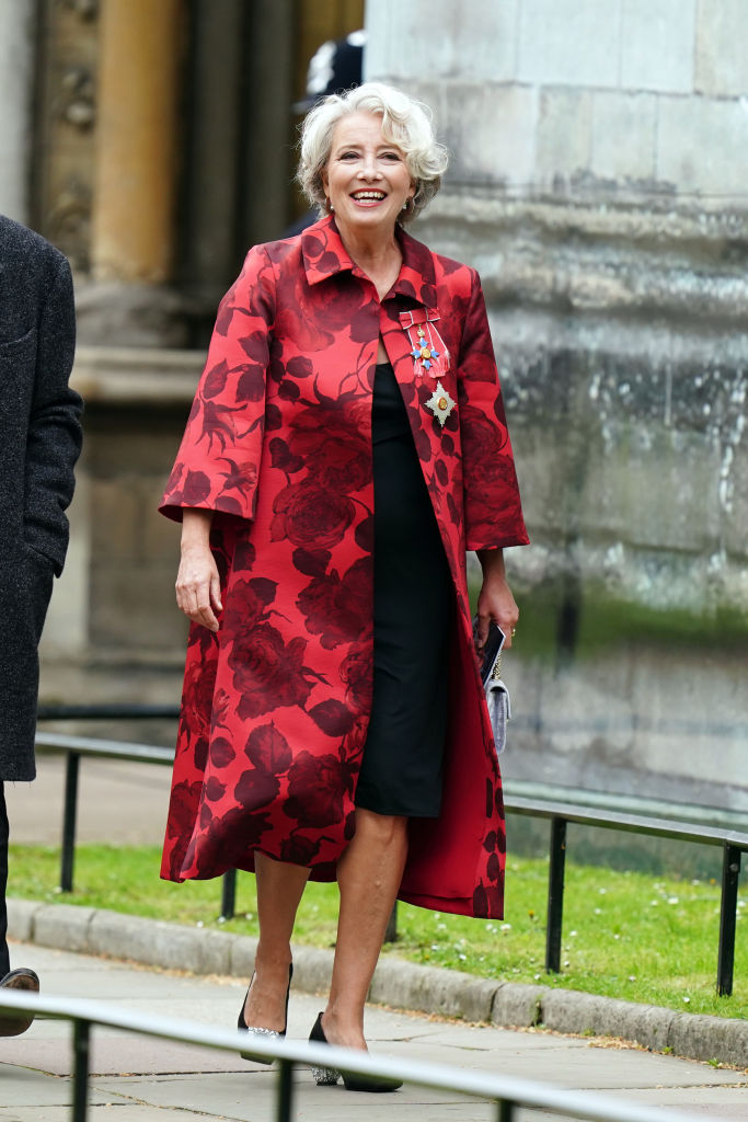 Dame Emma Thompson arrives at Westminster Abbey ahead of the Coronation of King Charles III and Queen Camilla on May 6, 2023 in London, England.