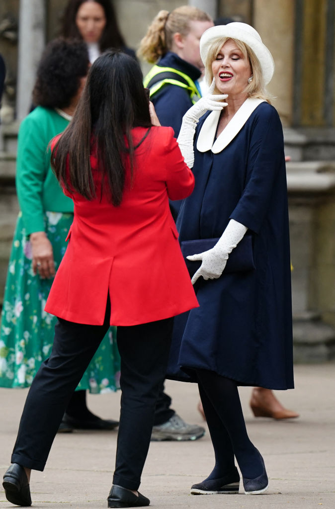 Dame Joanna Lumley poses for a photograph as she arrives at Westminster Abbey in central London on May 6, 2023, ahead of the coronations of Britain's King Charles III and Britain's Camilla, Queen Consort.