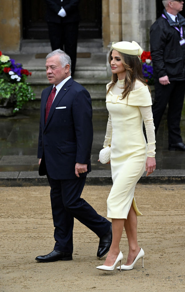 King Abdullah II of Jordan and Queen Rania arrive to attend the Coronation of King Charles III and Queen Camilla on May 6, 2023 in London, England.